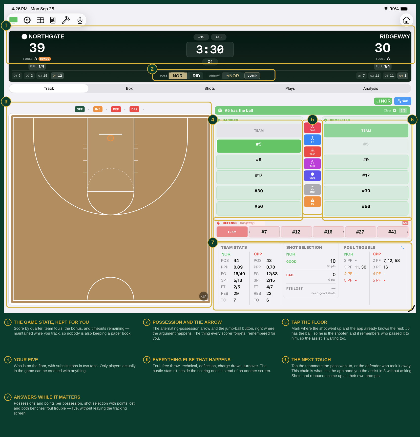 Recording a three-point shot with shot type, result, and assist in the basketball app