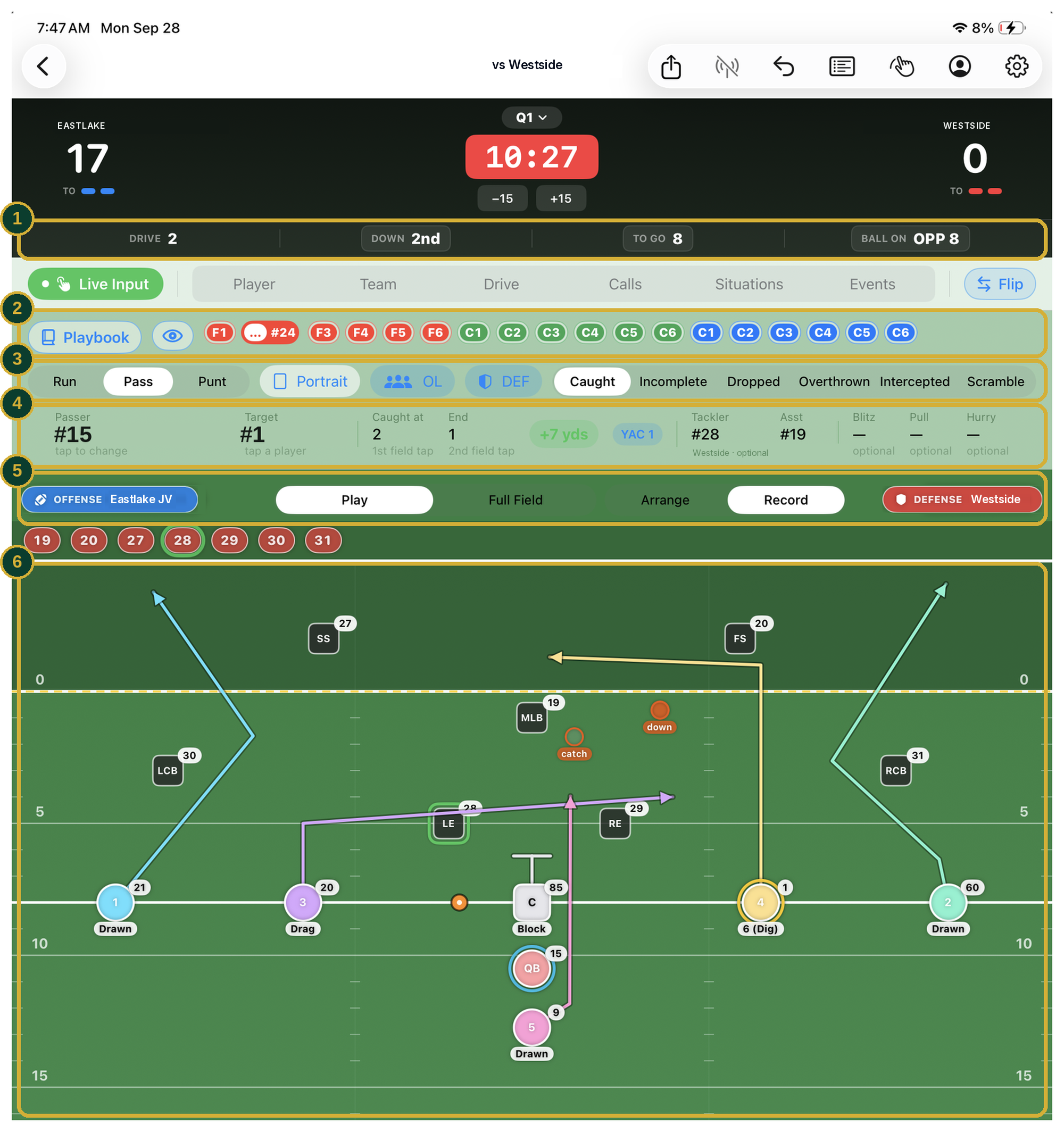 The flag football live input screen with each section numbered