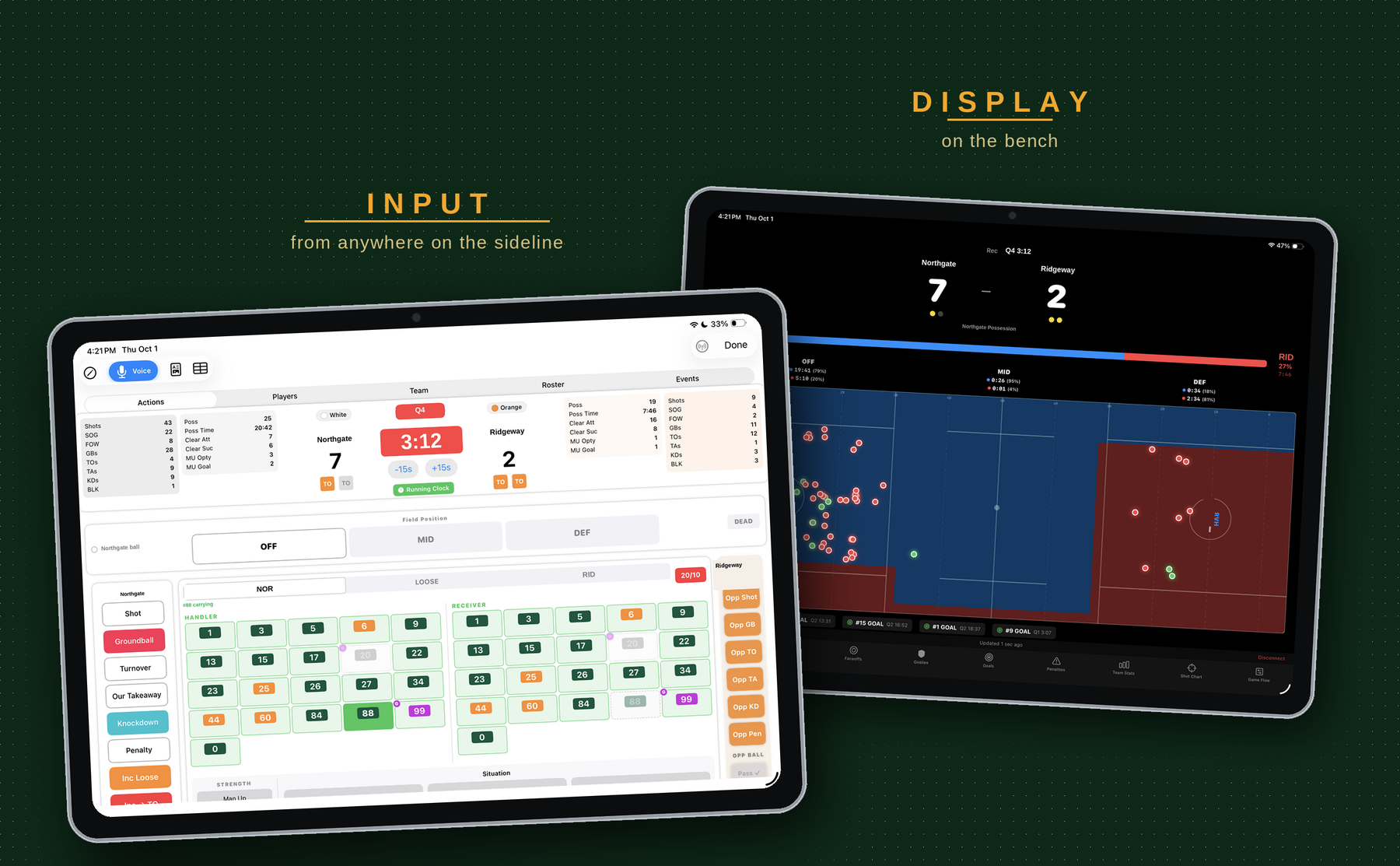 Coaches Box Lacrosse on two iPads — tracking on one, the live team comparison on the other