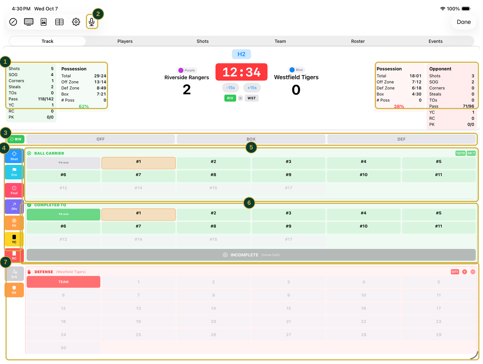 The soccer tracking screen with each section numbered